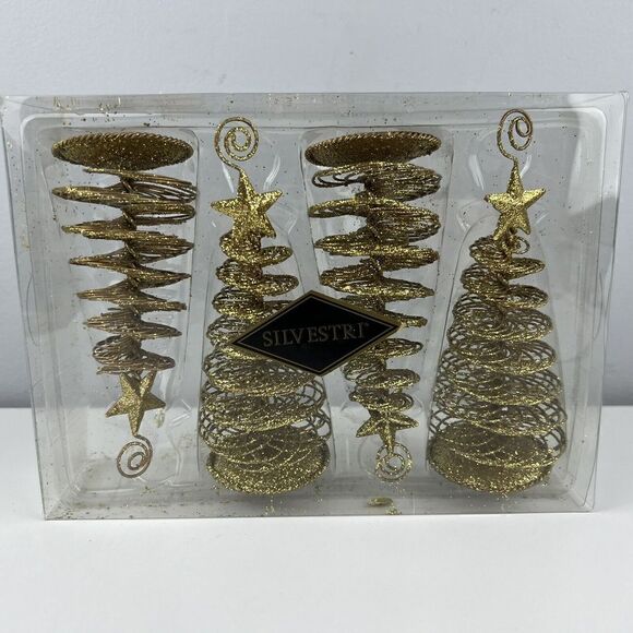 Set of 4 Gold Glitter Metal Tree Place Card Holders 6" Tall. Silvestri Christmas - Picture 1 of 5